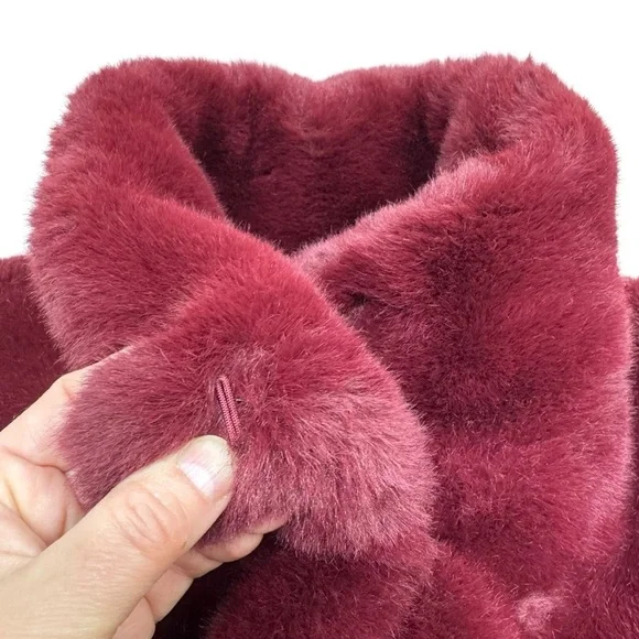 MNG Mango Faux Fur Coat Size S Burgundy - Picture 6 of 12